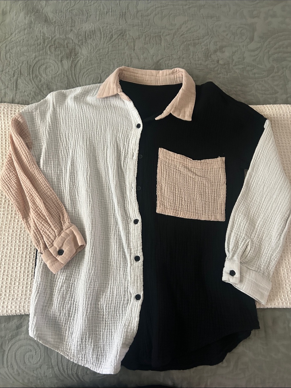 Colorblock Button-Down Shirt — Black, Cream & Blush